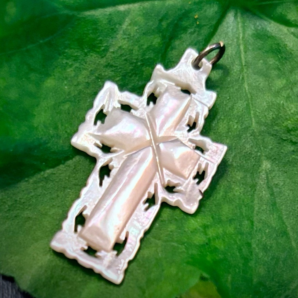Elegant Vintage Mother of Pearl Nacre Hand Carved White Cross Pendant
